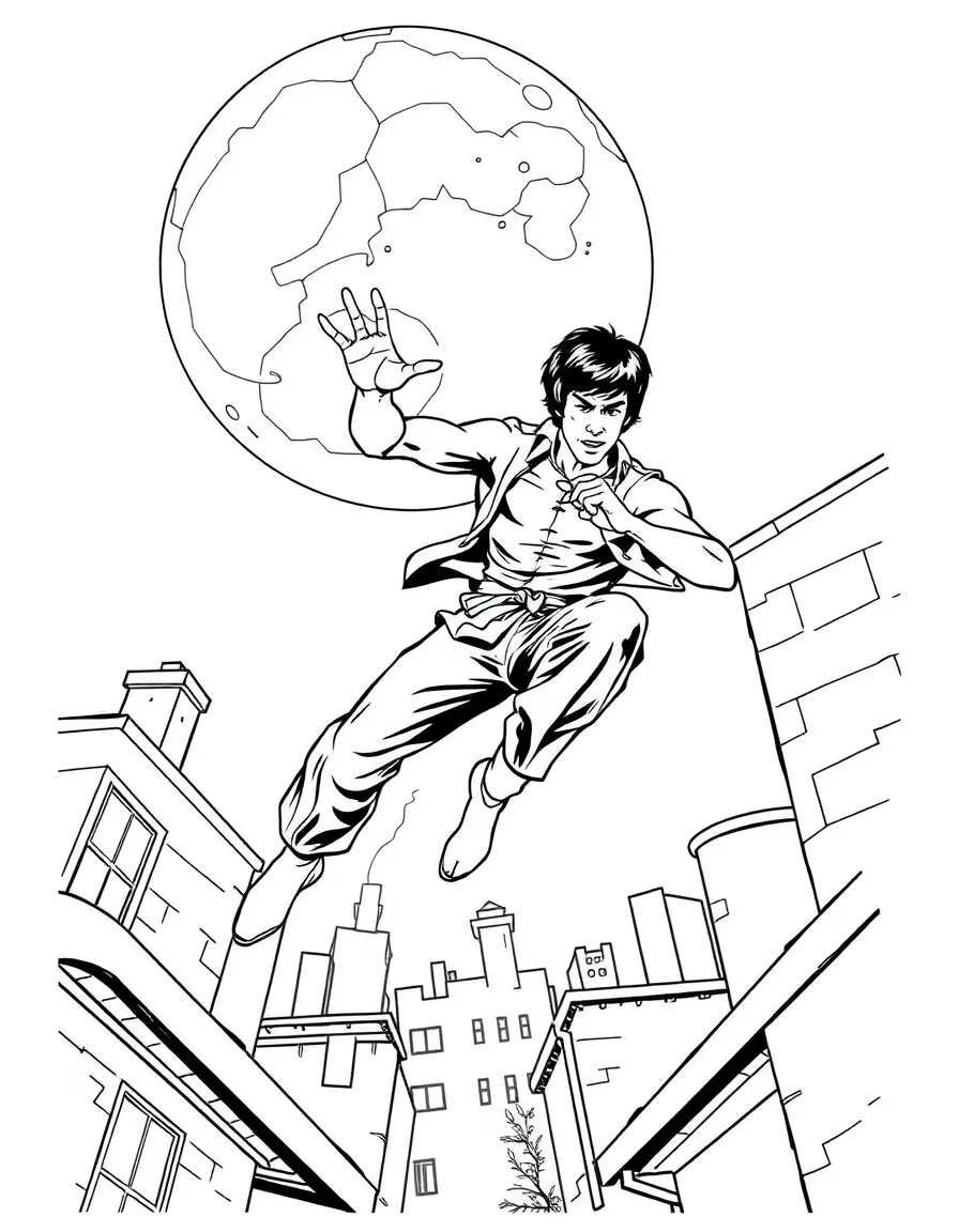 Bruce Lee leaping between rooftops during a night chase under a full moon.