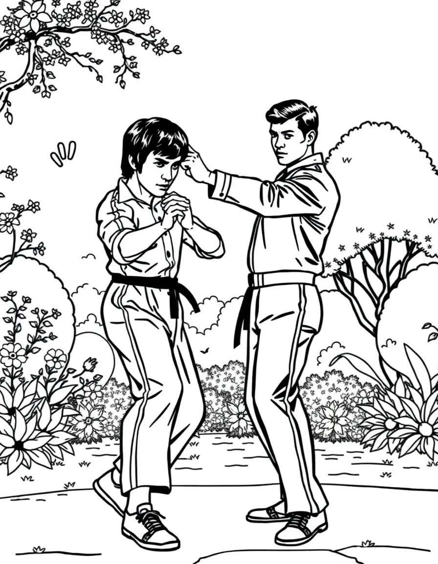 Bruce Lee training with a student, showing different stances and punches in a serene garden.