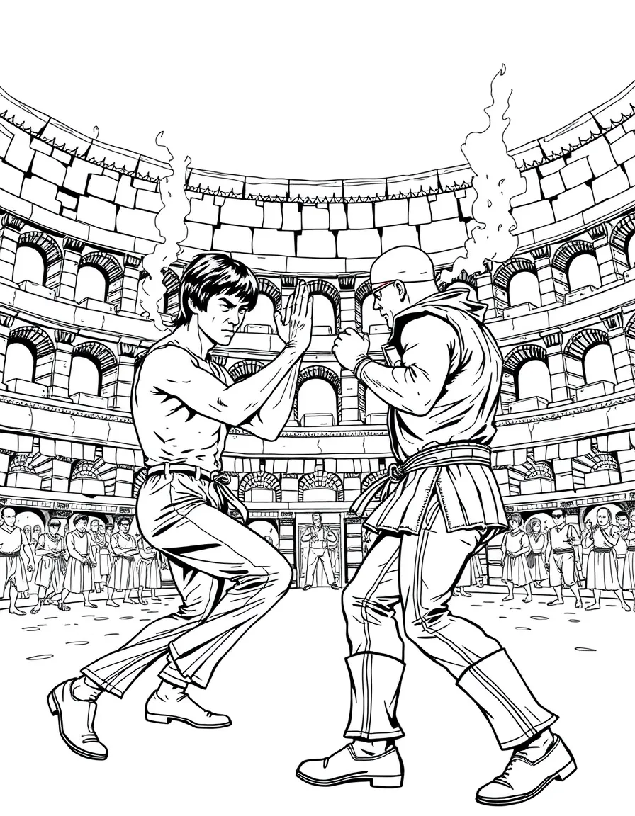 Bruce Lee in a showdown with Chuck Norris in the Colosseum, with intense stances and tension (from *The Way of the Dragon*).