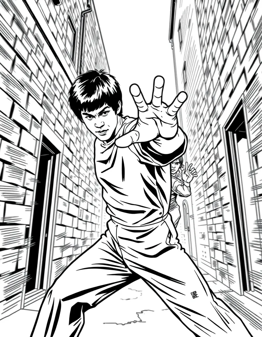 Bruce Lee blocking an ambush in an alley, with dynamic poses and blurred motion effects.