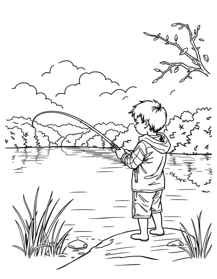 (Arkansas) A kid fishing in a peaceful Arkansas lake