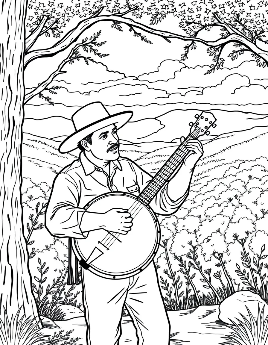 (Arkansas) A folk musician playing a banjo in Mountain View
