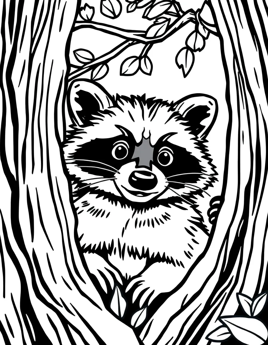 (Arkansas) A friendly raccoon peeking from behind a tree