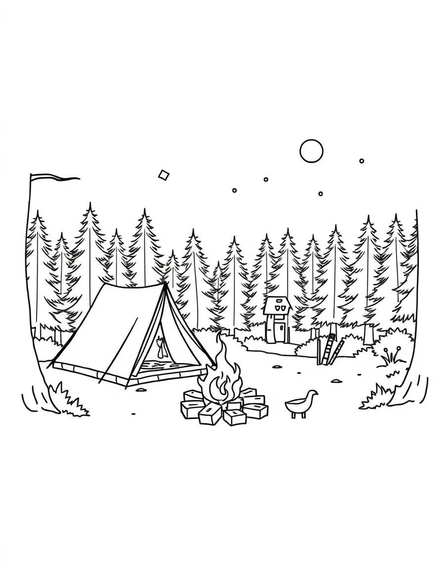 (Arkansas) A campsite with tent and campfire in the woods
