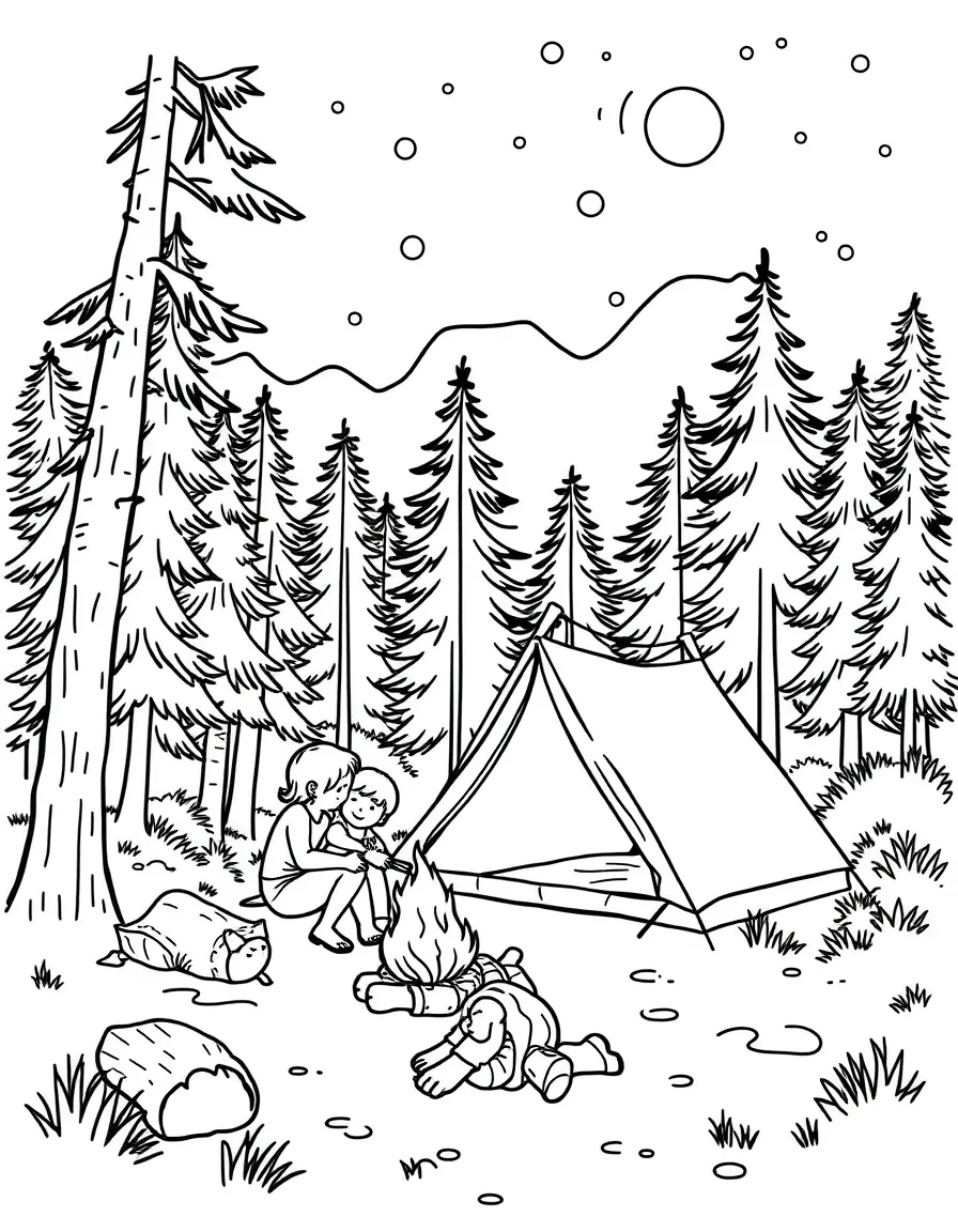 (Colorado) A family camping in a forest with a tent and fire