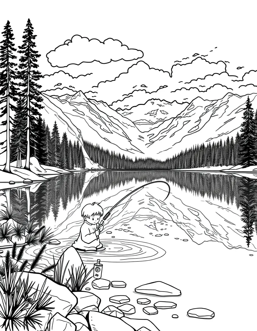(Colorado) A child fishing in a clear mountain lake