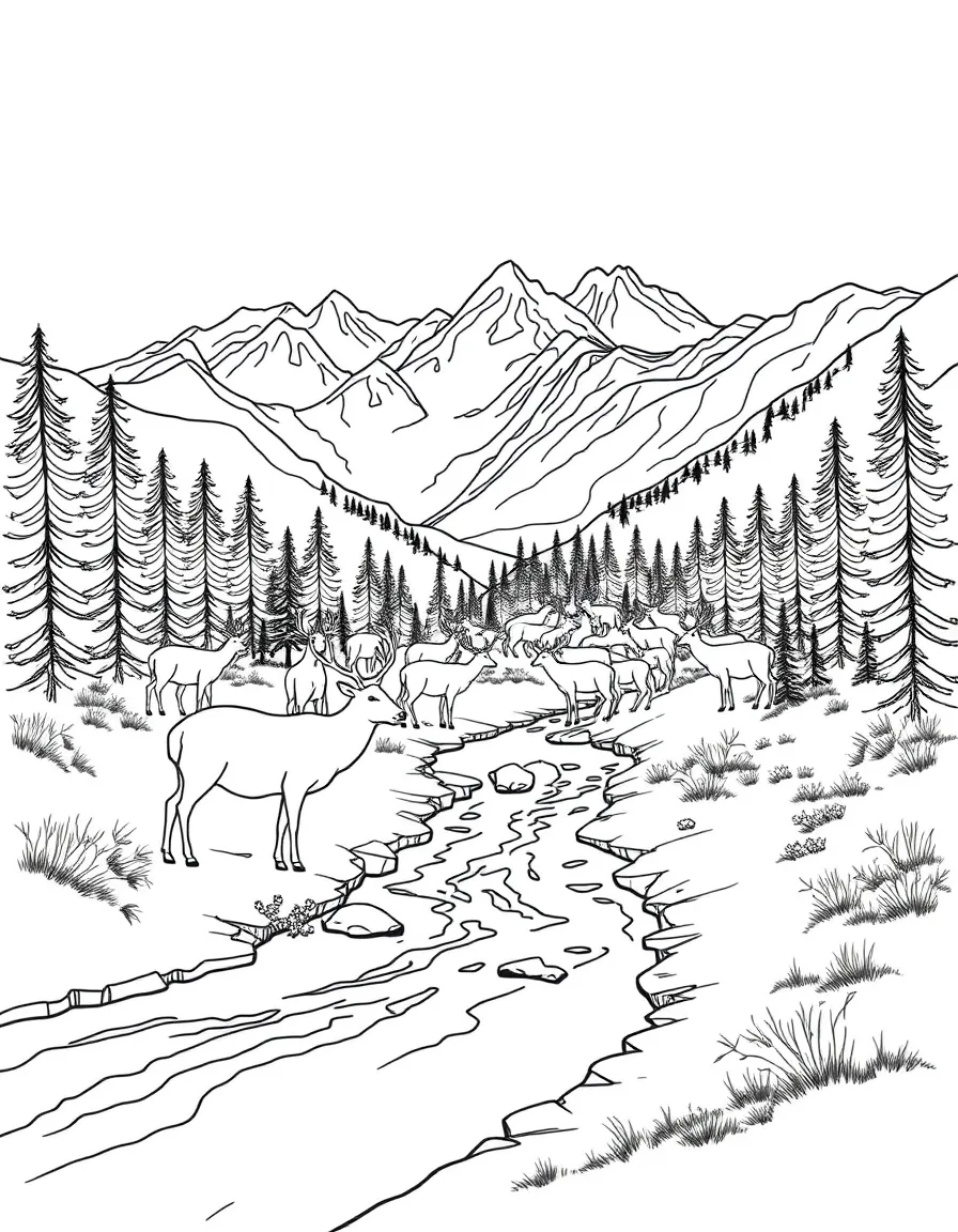 (Colorado) A herd of deer near a mountain river