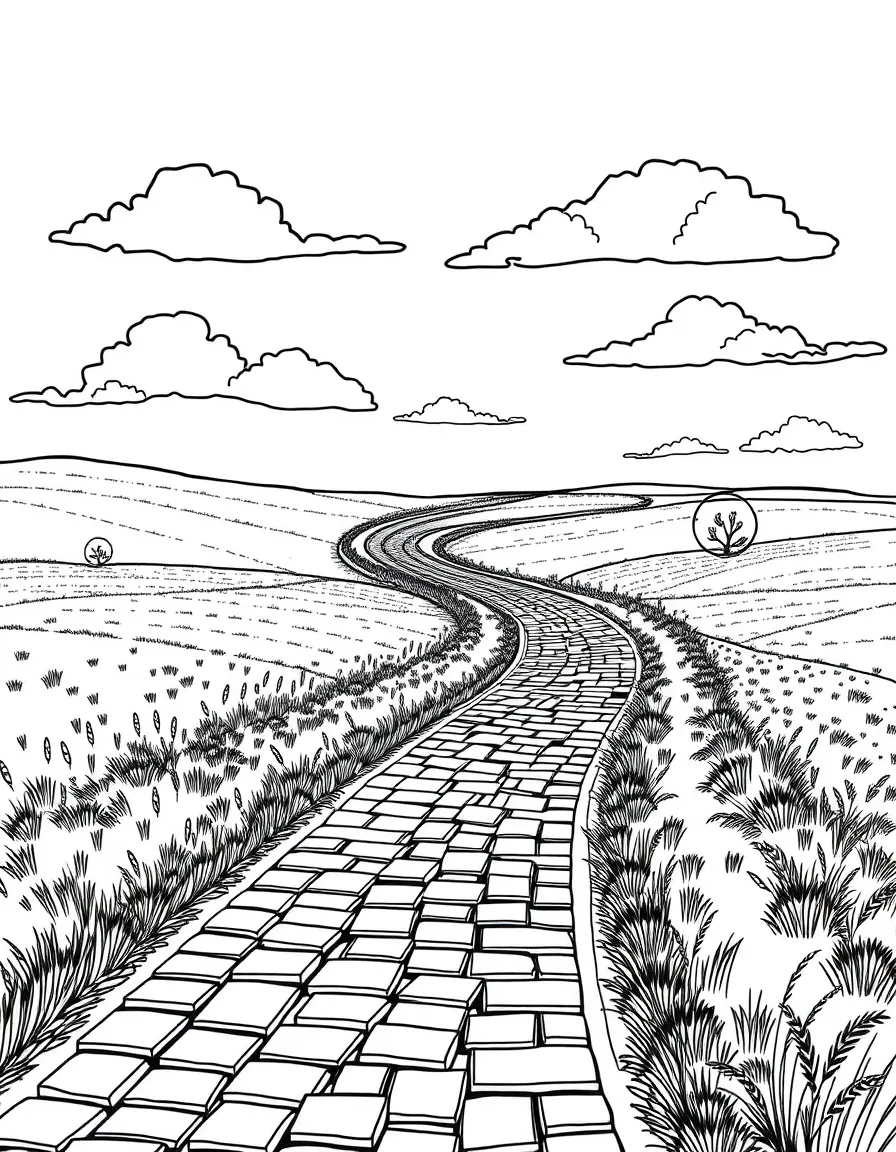 (Kansas) Yellow brick road winding through Kansas landscape