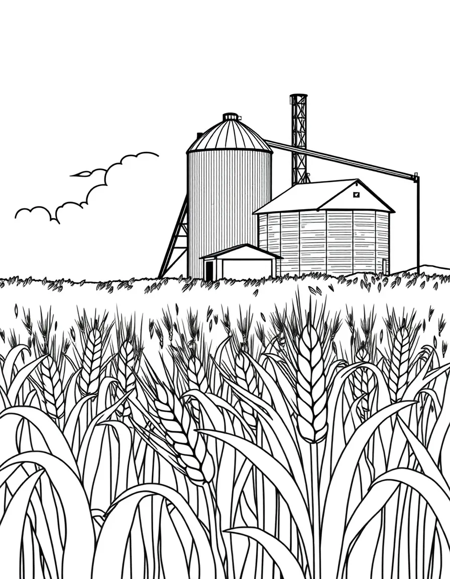 (Kansas) Wheat field with grain elevator in background