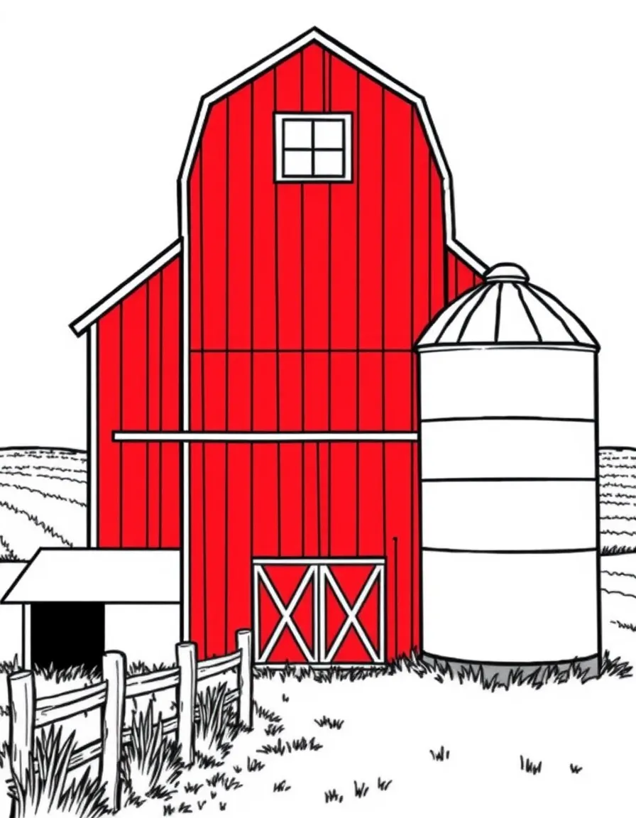 (Kansas) Red barn with silo on Kansas farm