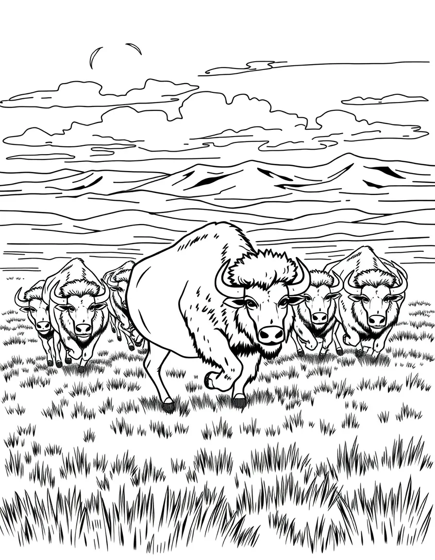 (Kansas) Bison herd running across plains