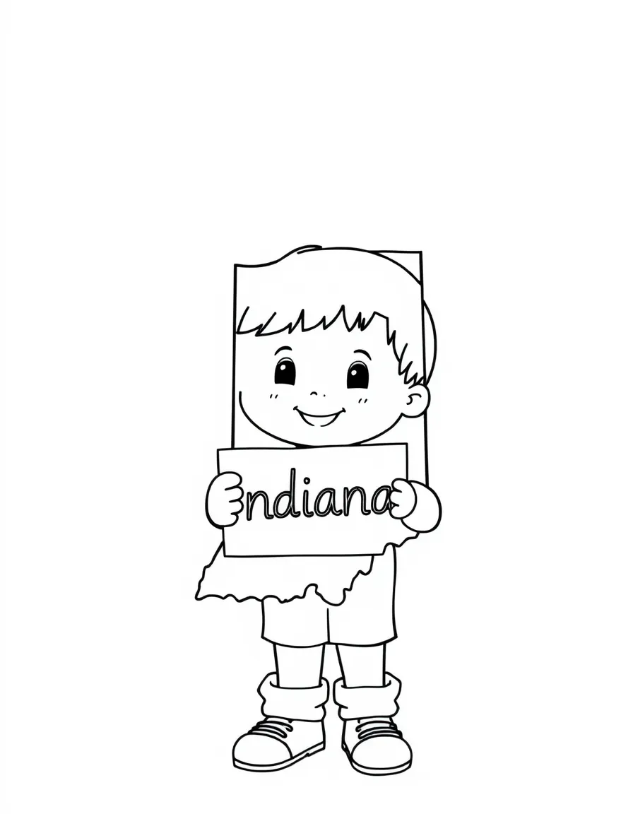 (Indiana) A child holding an Indiana state outline sign
