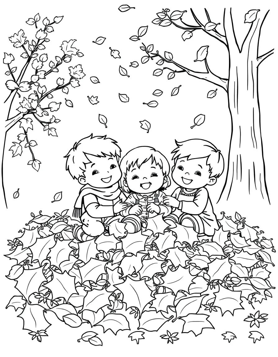 (Indiana) Children playing in a pile of autumn leaves