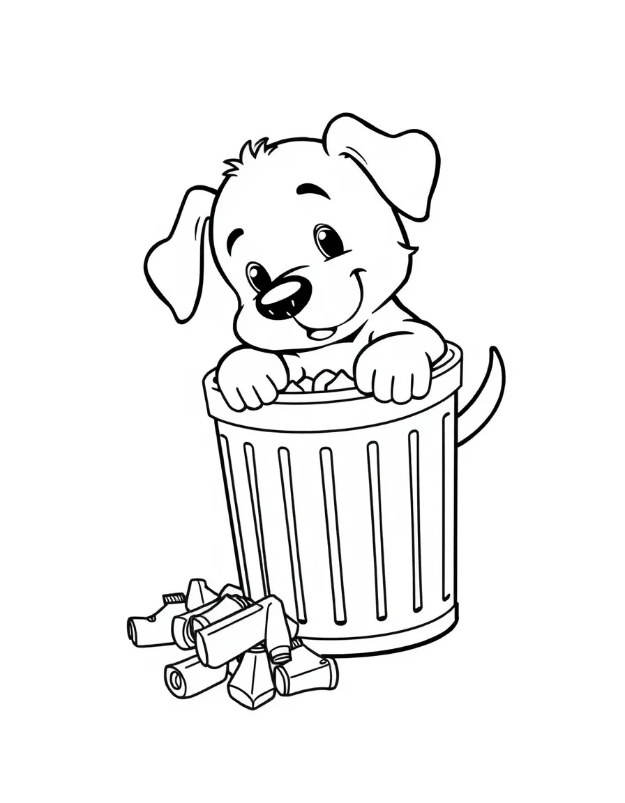 (naughty) A puppy tipping over a trash can with garbage spilling out.