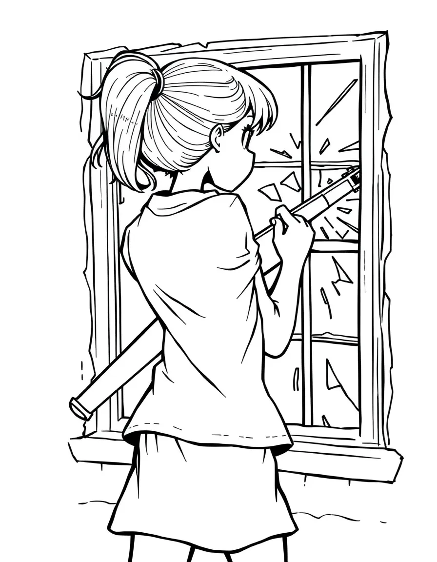 (naughty) A girl hiding a slingshot behind her back after breaking a window.