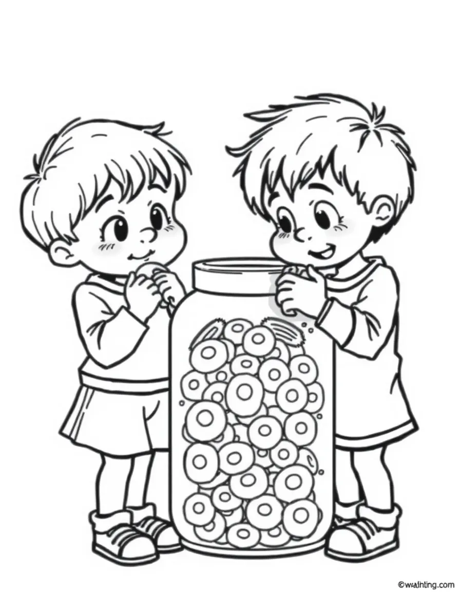 (naughty) Two kids sneaking cookies from a cookie jar before dinner.