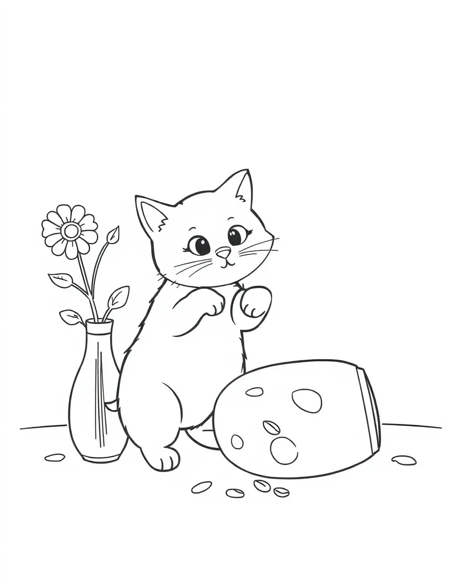 (naughty) A cat knocking over a flower vase while pretending it didn’t do it.
