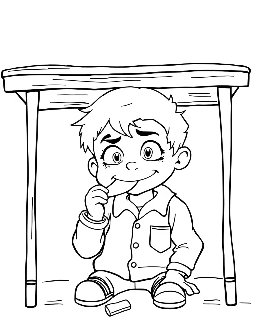 (naughty) A child sticking chewing gum under a school desk with a guilty smile.
