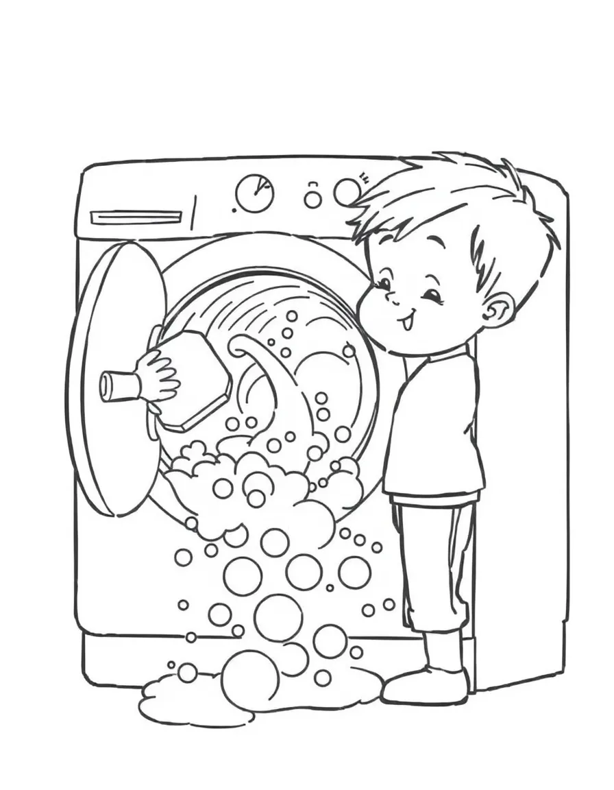 (naughty) A boy pouring too much soap into the washing machine, causing bubbles to overflow.