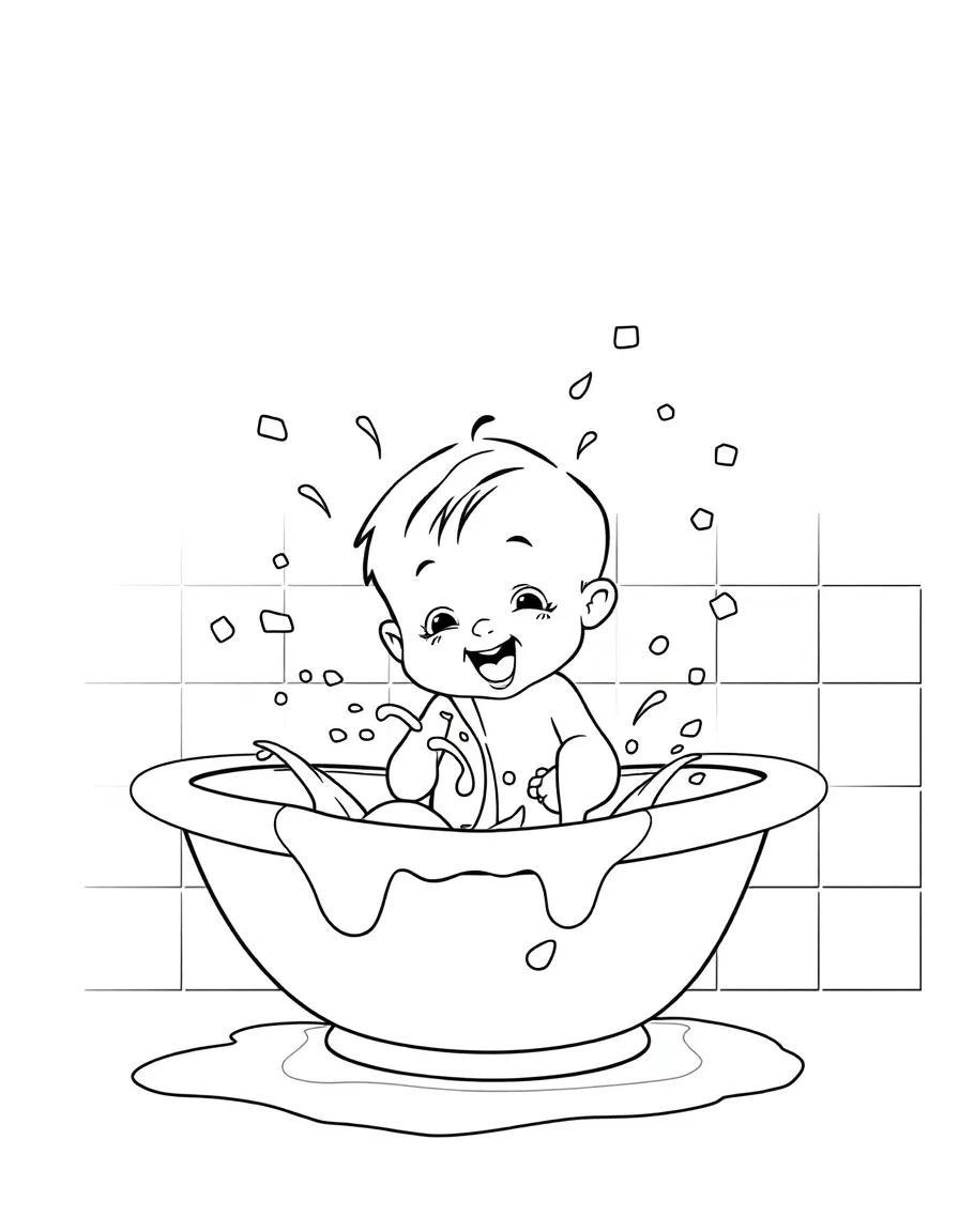 (naughty) A toddler splashing water all over the bathroom while pretending to take a bath.