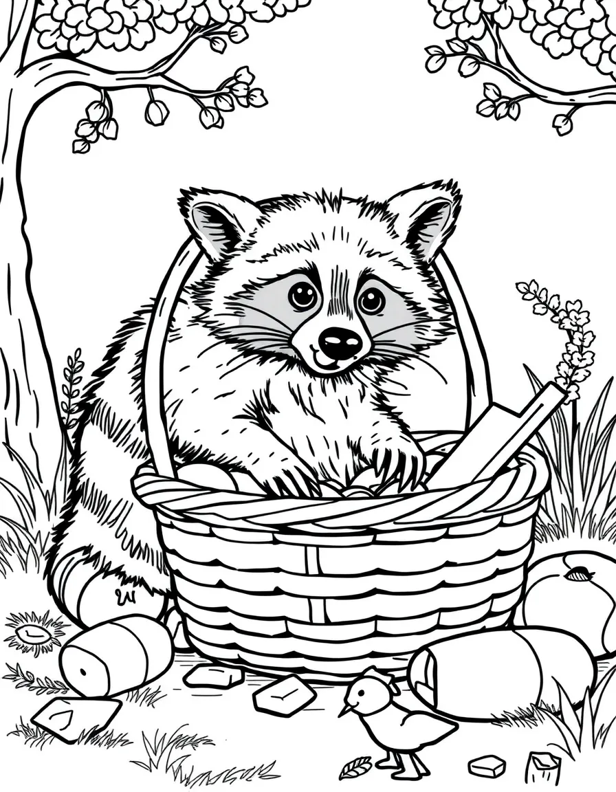 (naughty) A raccoon making a mess in a picnic basket while the family is distracted.