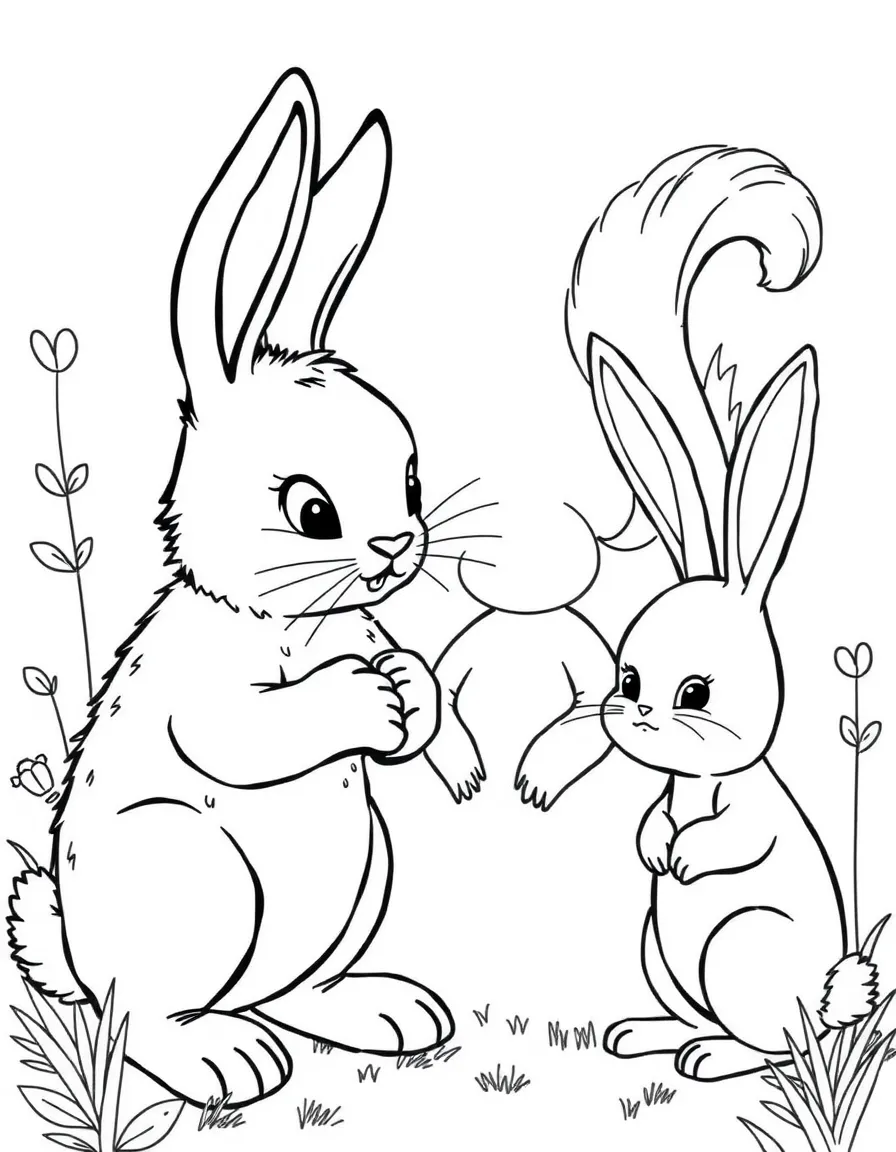 (betray) A bunny sharing a secret with a squirrel, while another bunny overhears and looks sad.