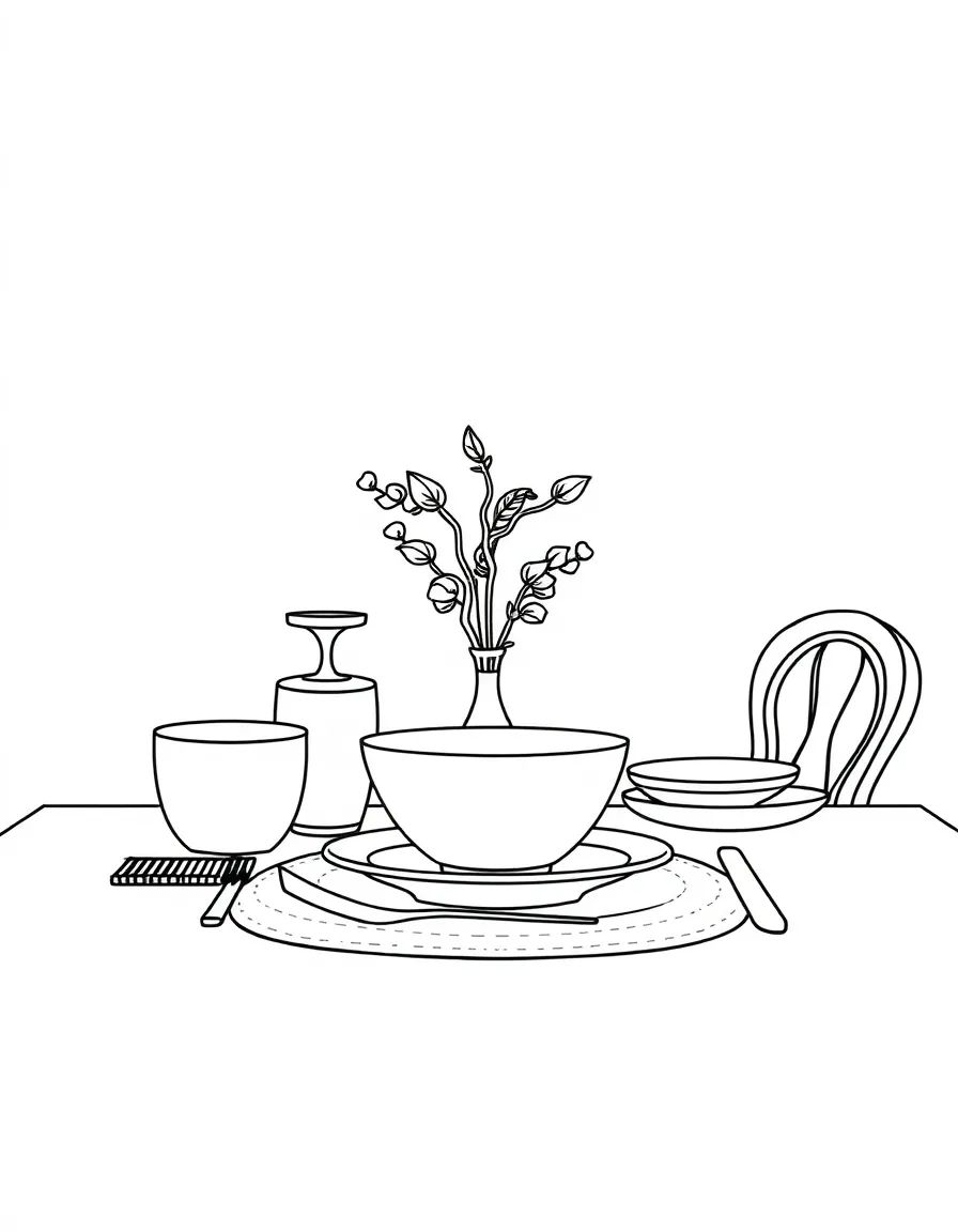 line drawing of a set of diningware