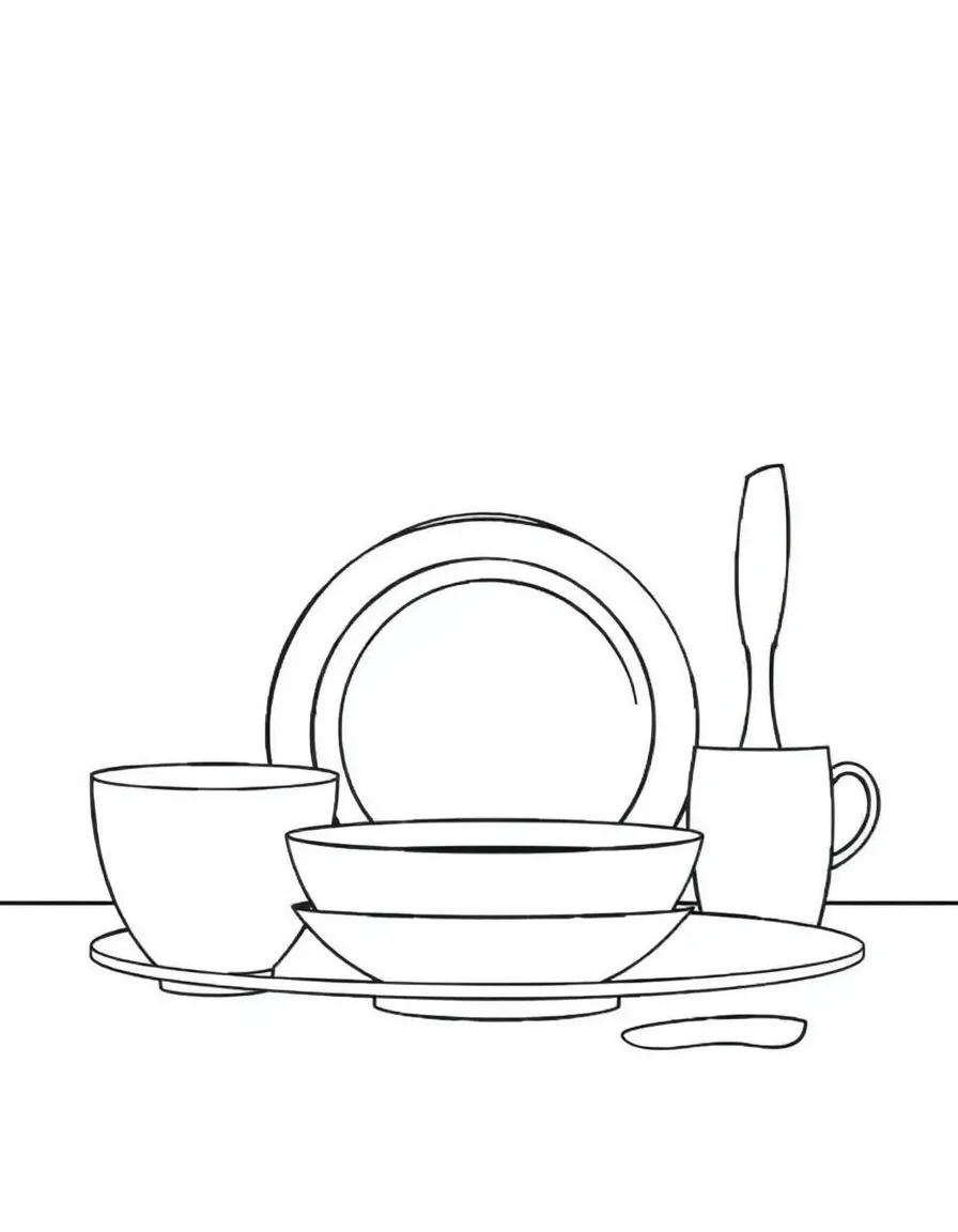 line drawing of a set of dinnerware