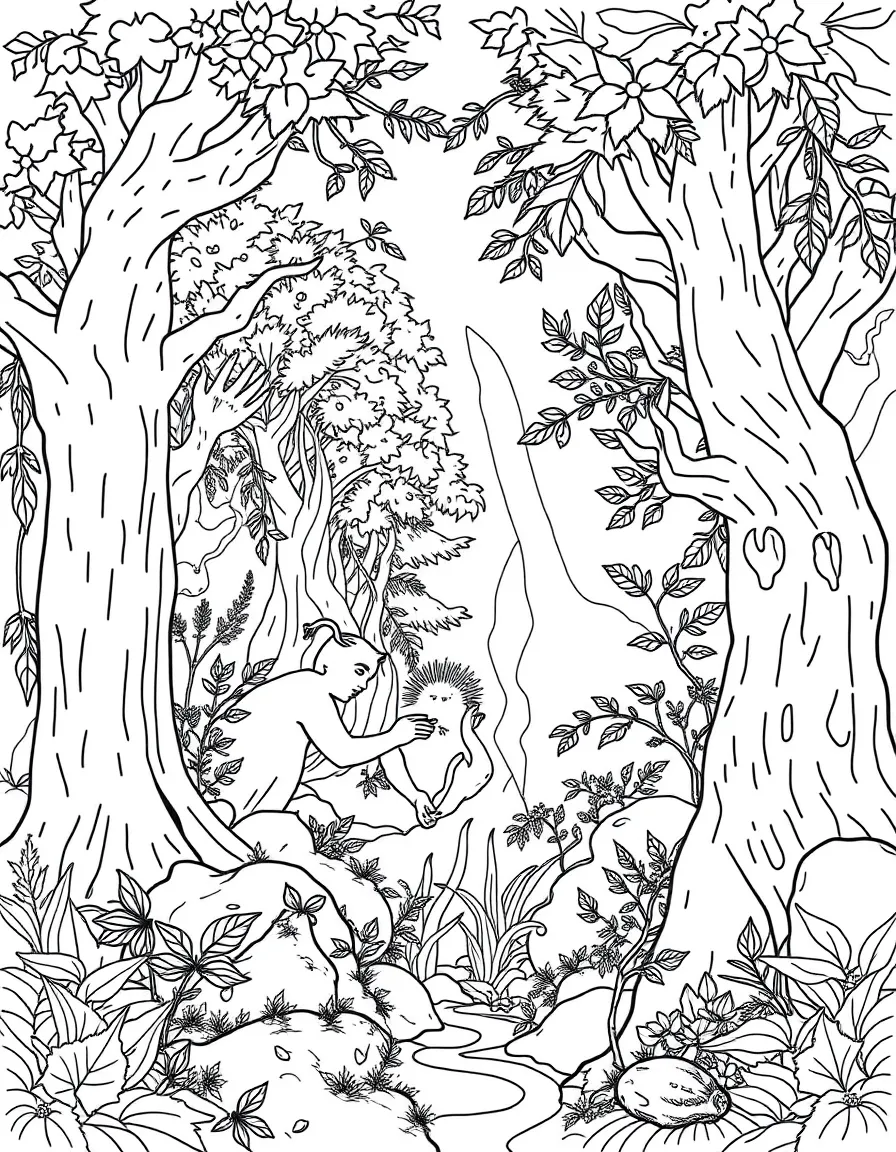 line drawing of the painting The Garden of Eden with the Fall of Man
