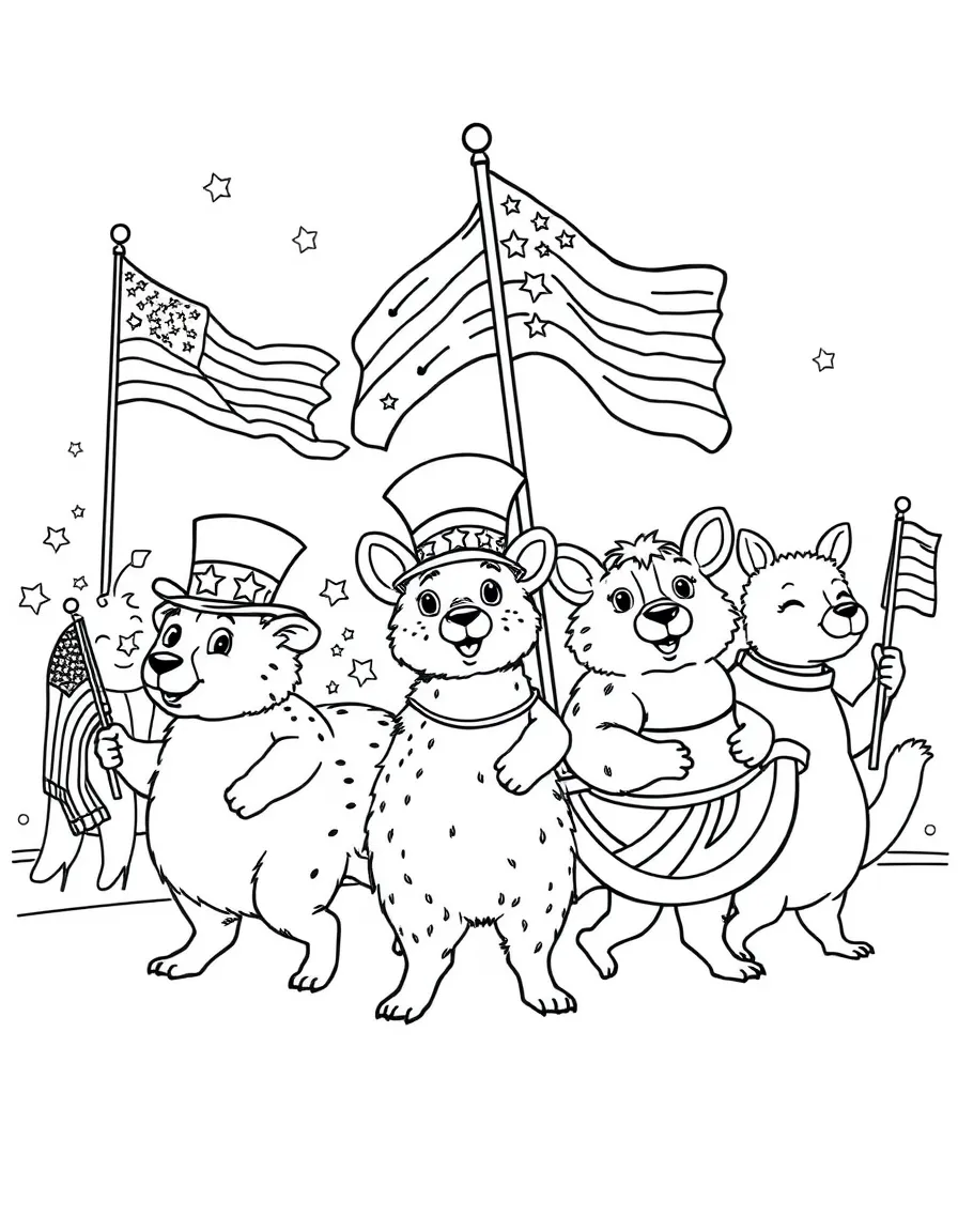 A group of patriotic animals having a Fourth of July parade