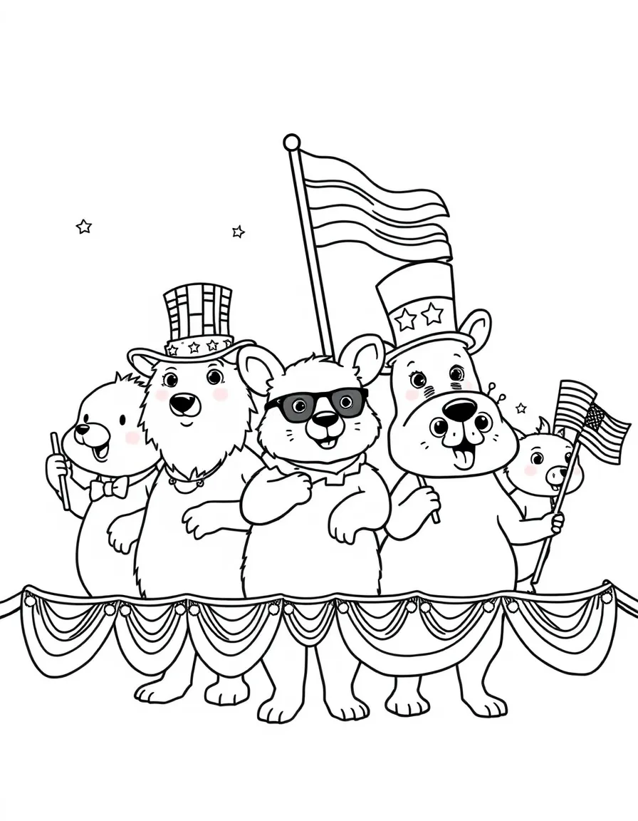 A group of patriotic animals having a Fourth of July parade