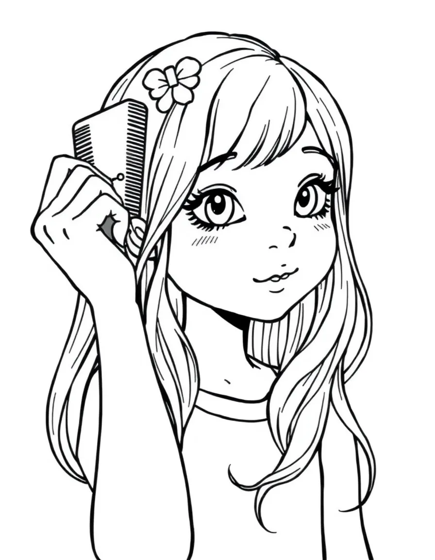 A girl is combing her hairs with a comb