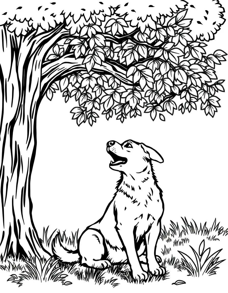 A dog is barking under a tree.