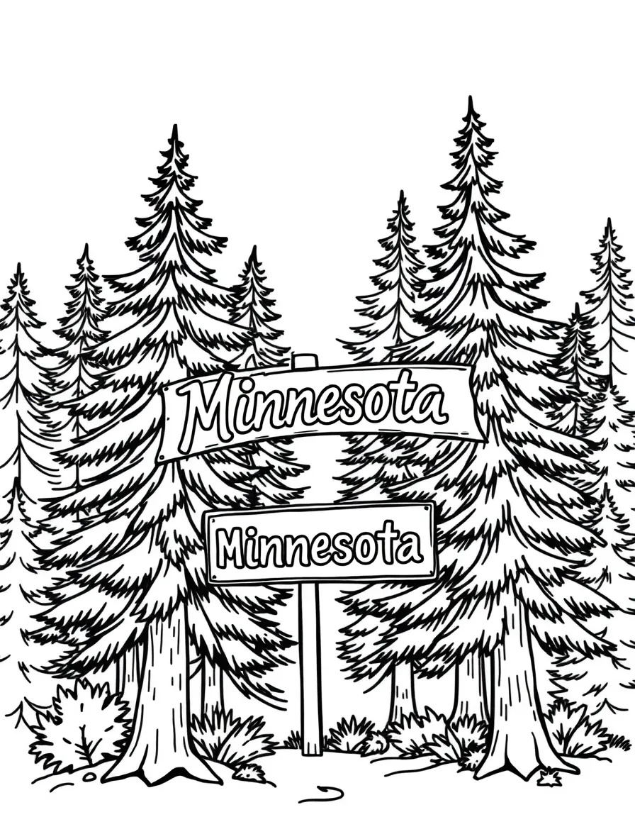 (Minnesota) Pine trees with a “Welcome to Minnesota” sign
