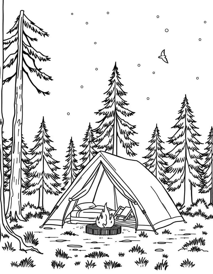 (Minnesota) A camping tent set up under pine trees