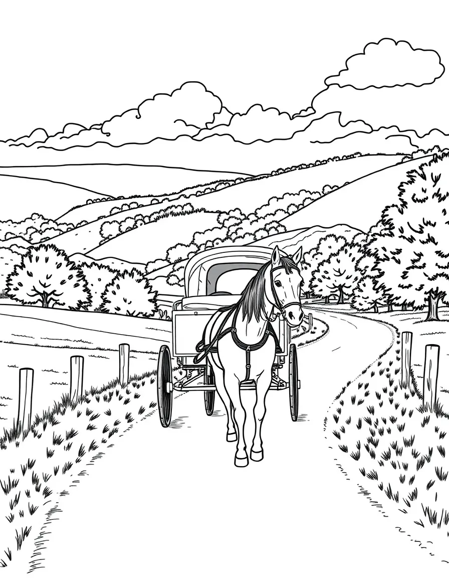 (Kentucky) Horse and buggy on country road through Kentucky hills