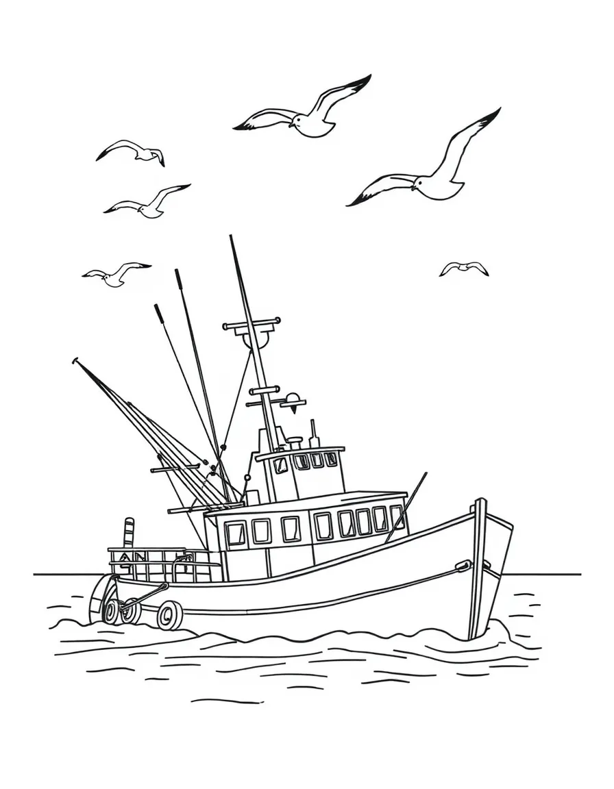 (South Carolina) A shrimp boat with seagulls flying overhead