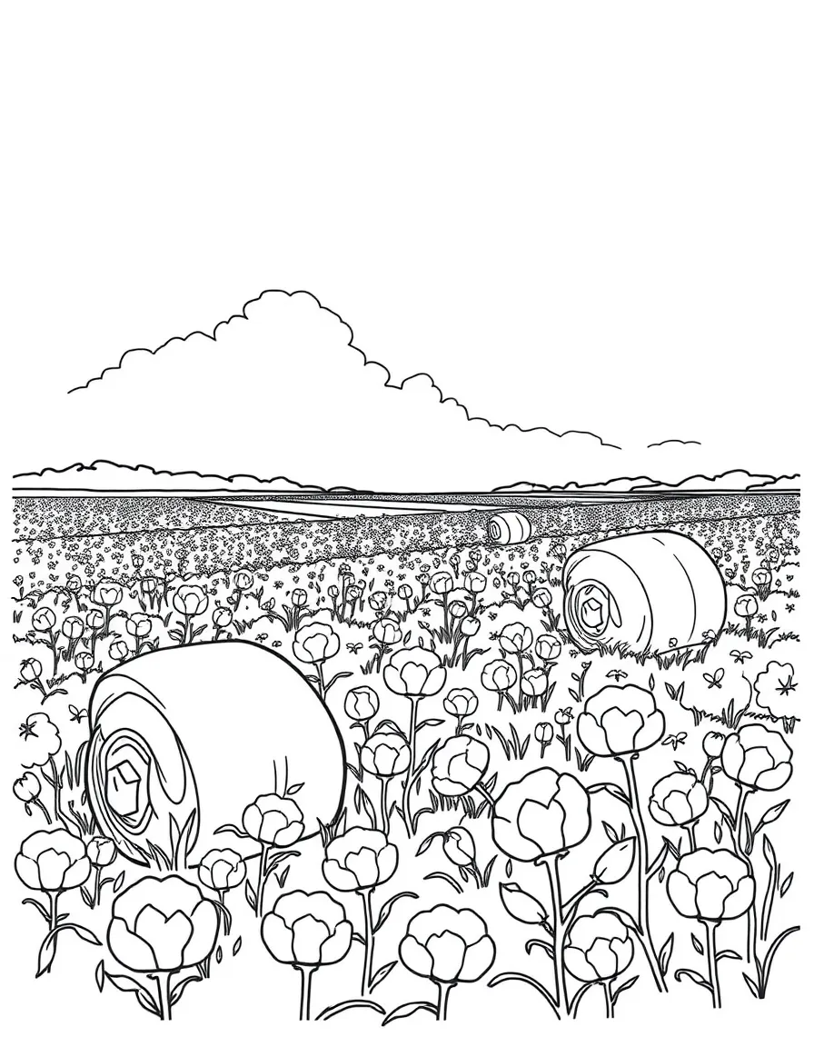 (South Carolina) A cotton field with bales of cotton