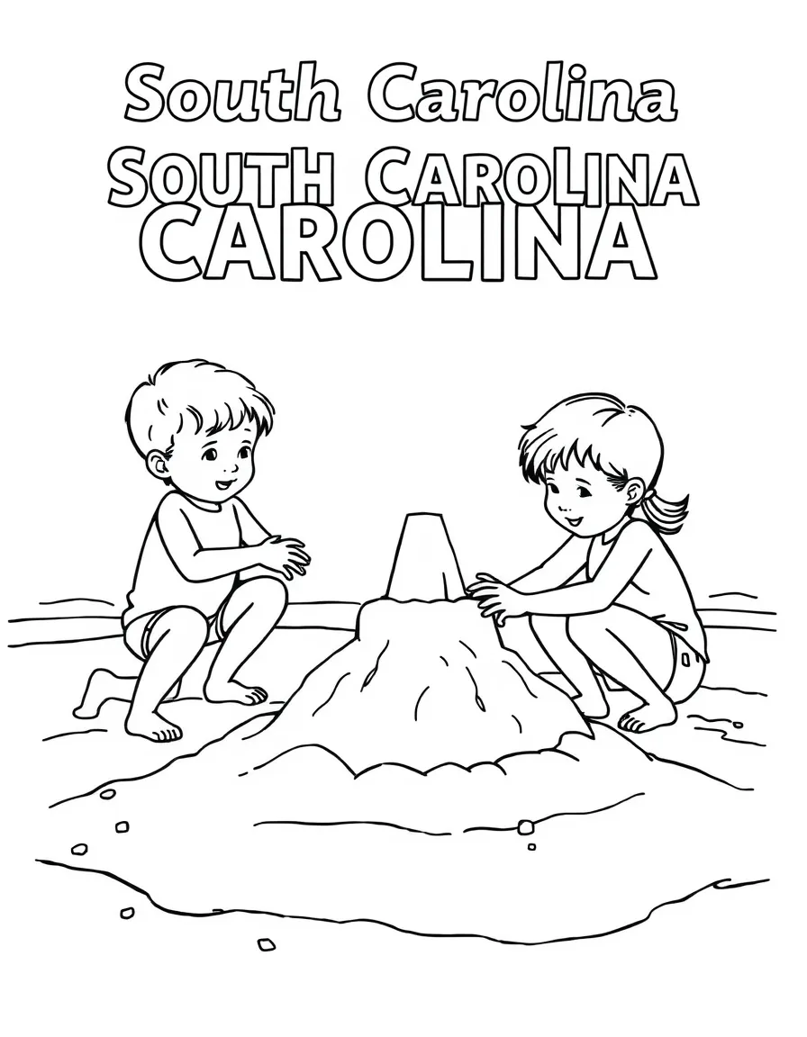 (South Carolina) Children building a sandcastle at the beach