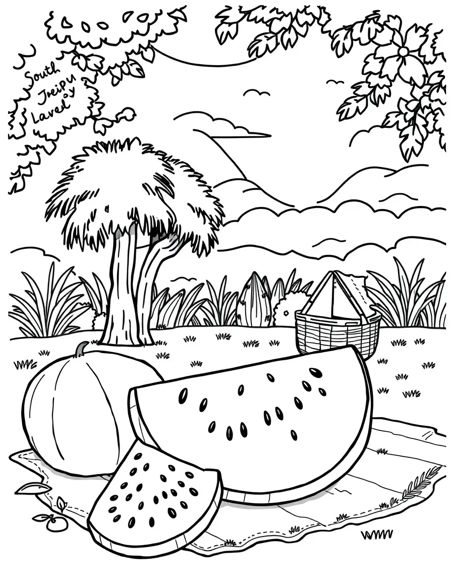 (South Carolina) Watermelon slice and picnic scene