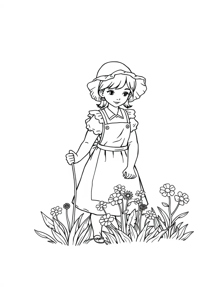(South Carolina) A girl wearing a bonnet and apron picking flowers