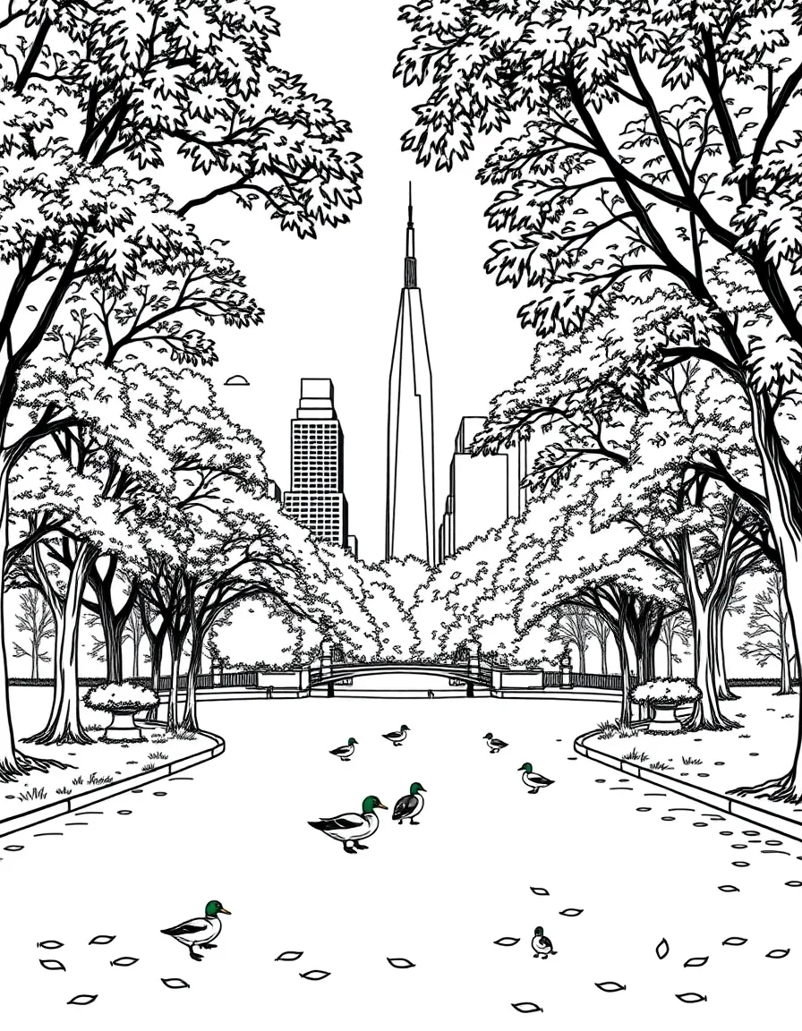 (New York) Central Park with trees and ducks
