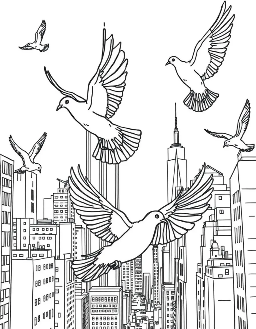 (New York) Pigeons flying over the city