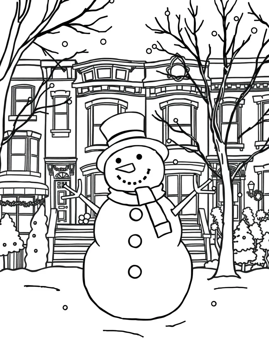 (New York) Snowman in front of brownstone homes