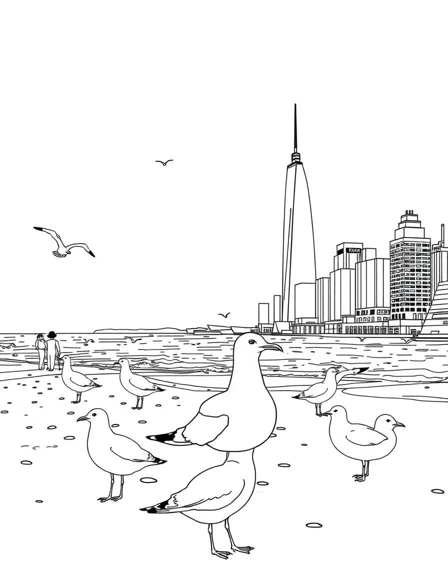 (New York) Seagulls at a New York beach