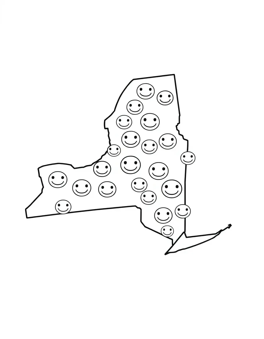 (New York) New York state map with smiley icons