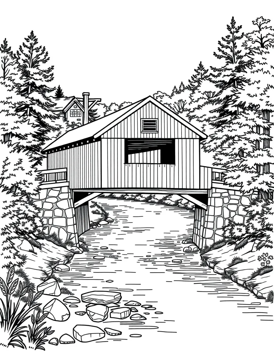 (New Hampshire) A covered bridge over a river