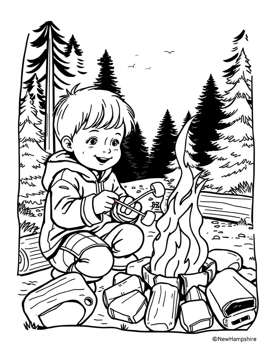 (New Hampshire) A child roasting marshmallows at a New Hampshire campground