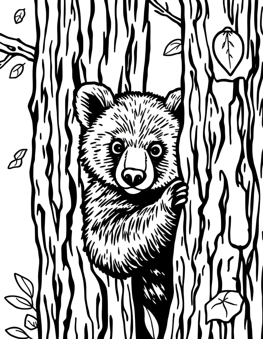 (New Hampshire) A bear cub peeking from behind a tree