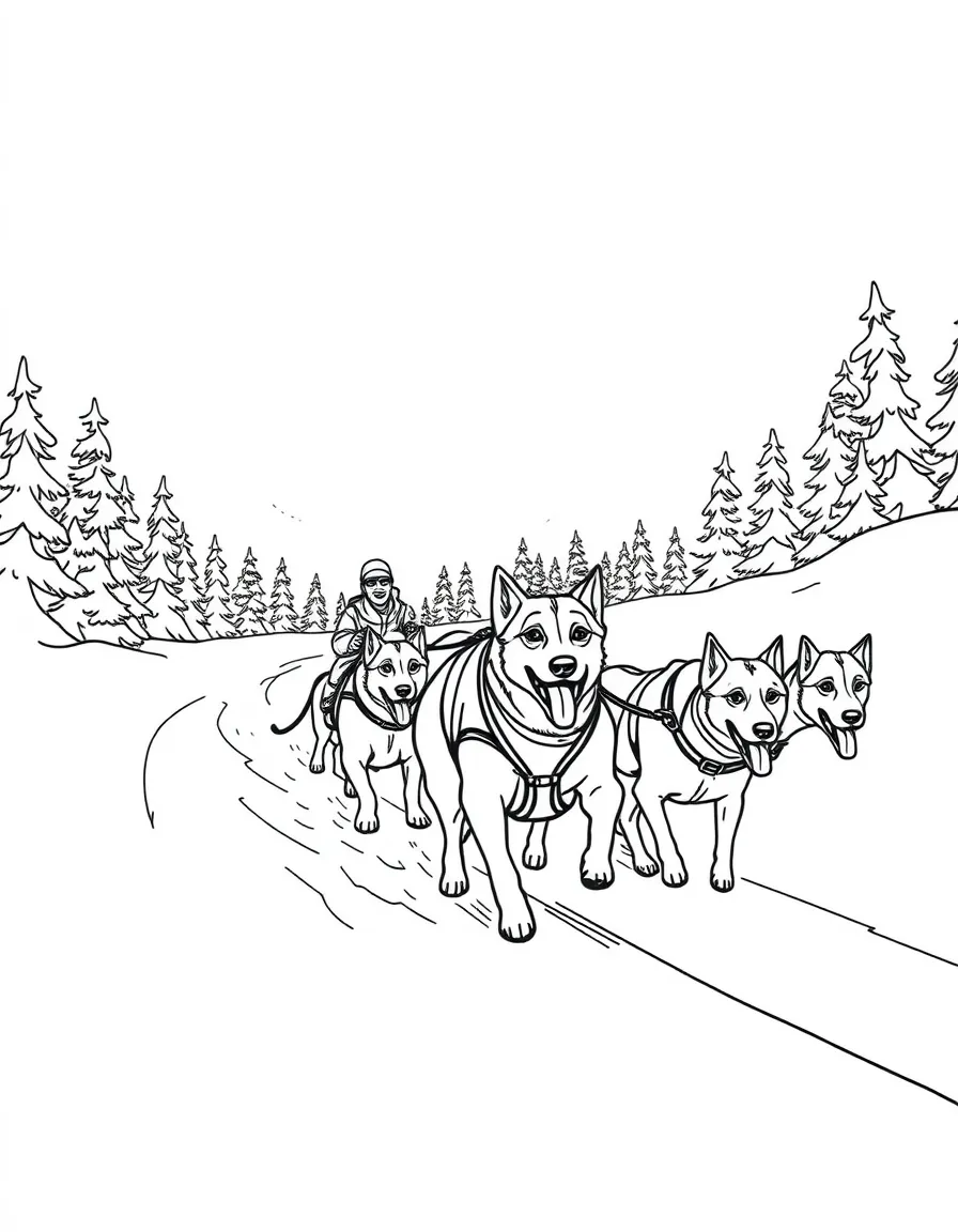 (New Hampshire) A dog sled team racing through snow